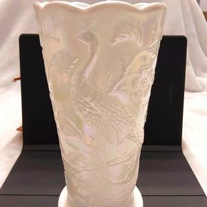 Fenton glass Vase - Peacock embossed over Milk White Pearlescent